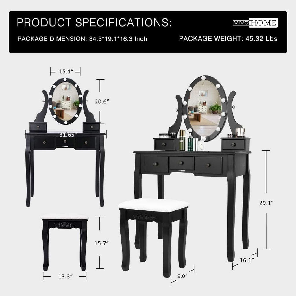 Three Color Dimmable LED Lighted Vanity Mirror Set With Built In Storage For Makeup Station