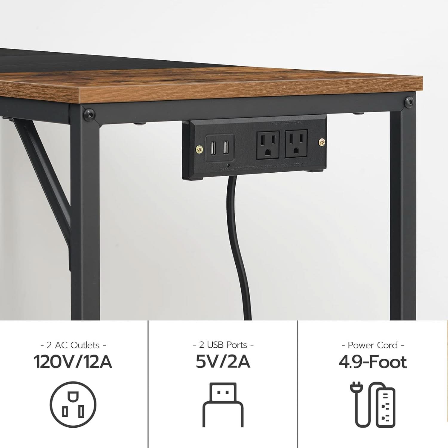 Computer Desk With Power Outlets In Rustic Brown And Black