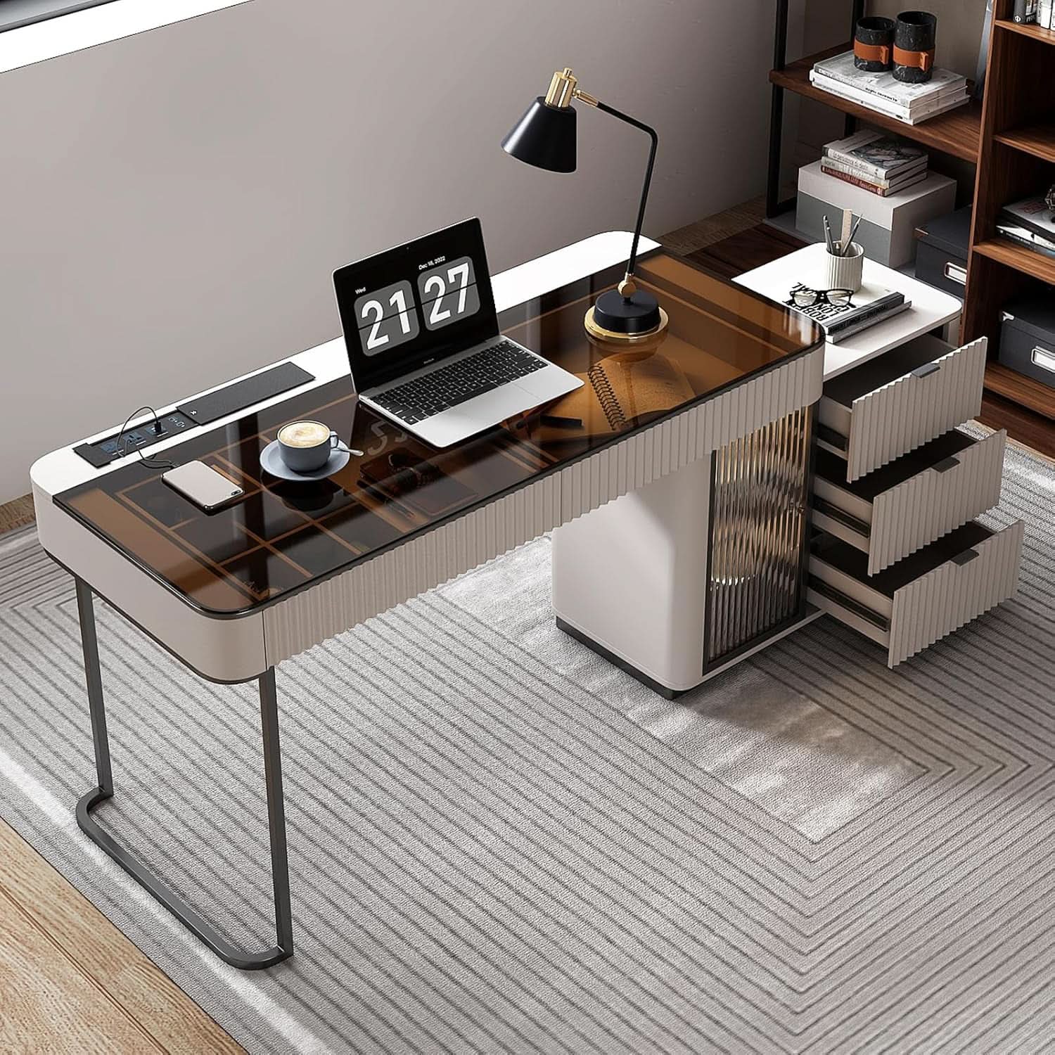 Ivory 50-Inch Office Desk with Cabinet and LED Lighting