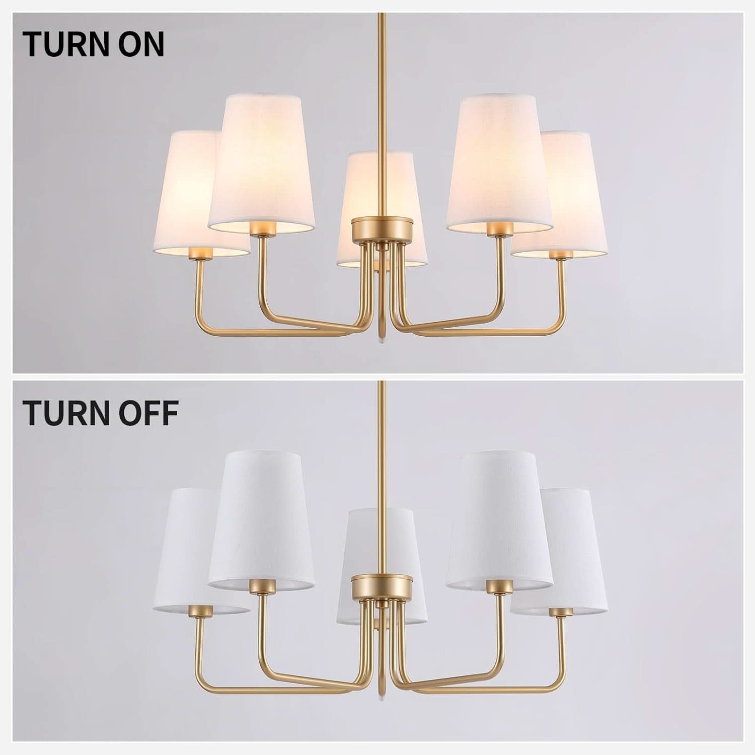Five Light Gilded Farmhouse Chandelier With White Shades