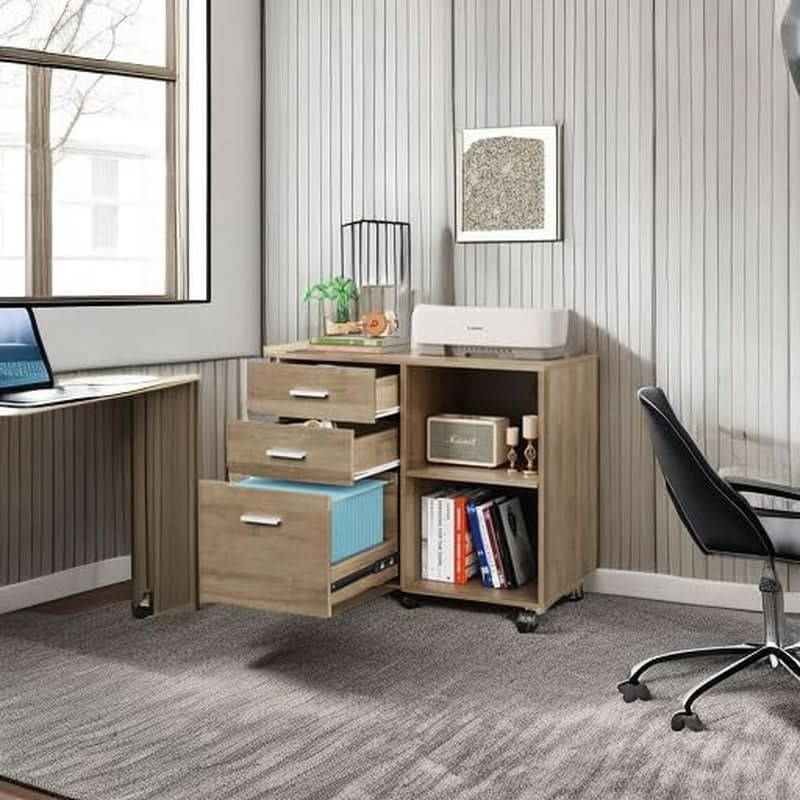 Three Drawer Mobile File Cabinet In Gray Oak With Open Shelves Printer Stand For Home Office