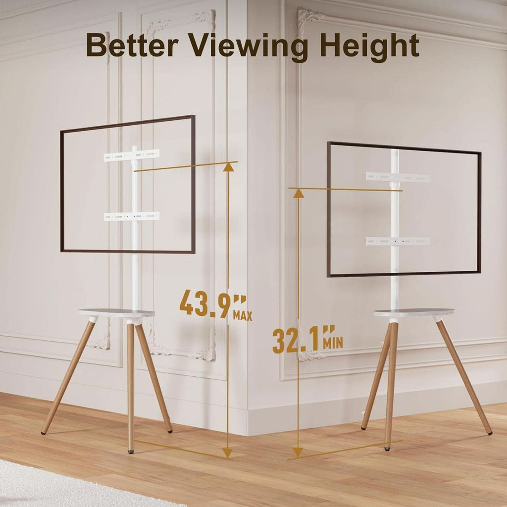 Tripod TV Stand 40-65 Inch White Swivel Wooden Tray