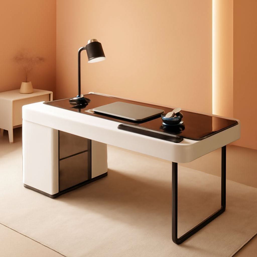 Ivory 50-Inch Office Desk with Cabinet and LED Lighting