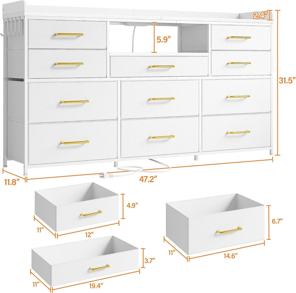 White Dresser TV Stand 60 Inch With LED And 11 Drawers