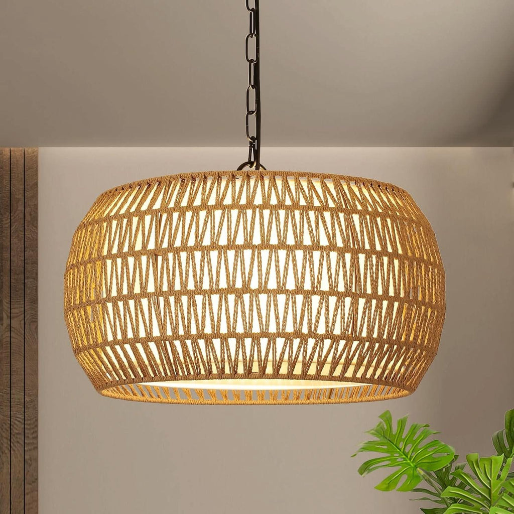 Rattan Farmhouse 5 Light Chandelier With Fabric Shade
