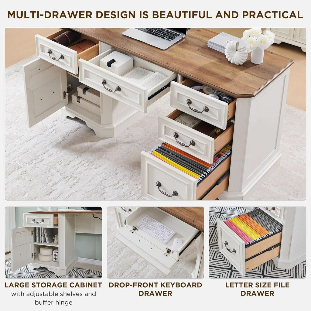 59-Inch Farmhouse Executive Desk in Antique White