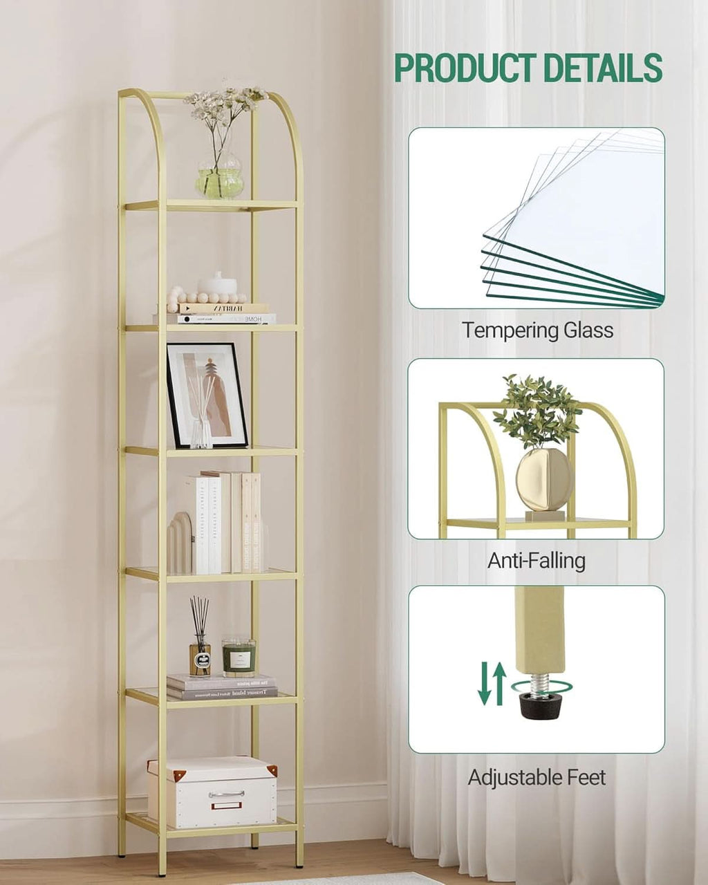 Bookcase Bookshelf 6 Tier Gold Tempered Glass Arched Top