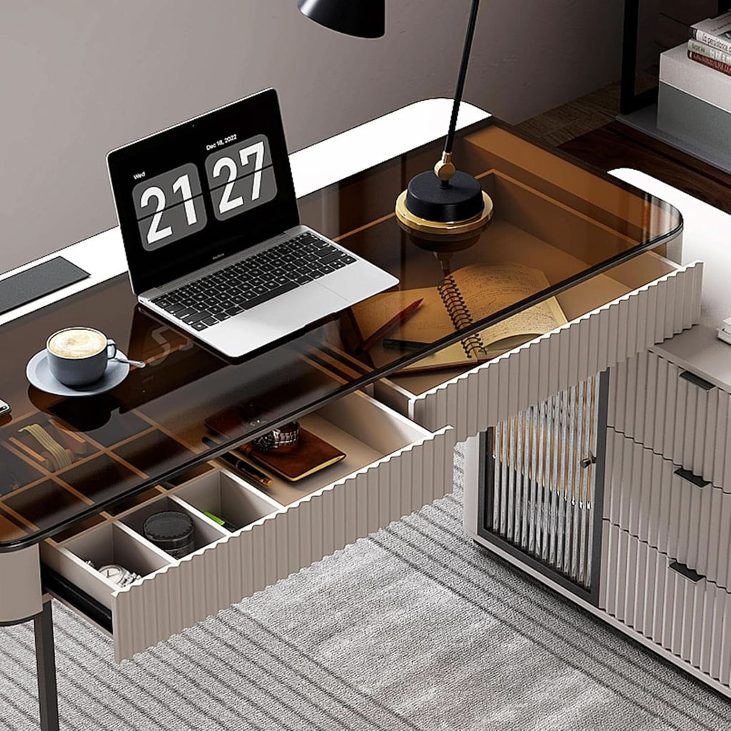 Ivory 50-Inch Office Desk with Cabinet and LED Lighting