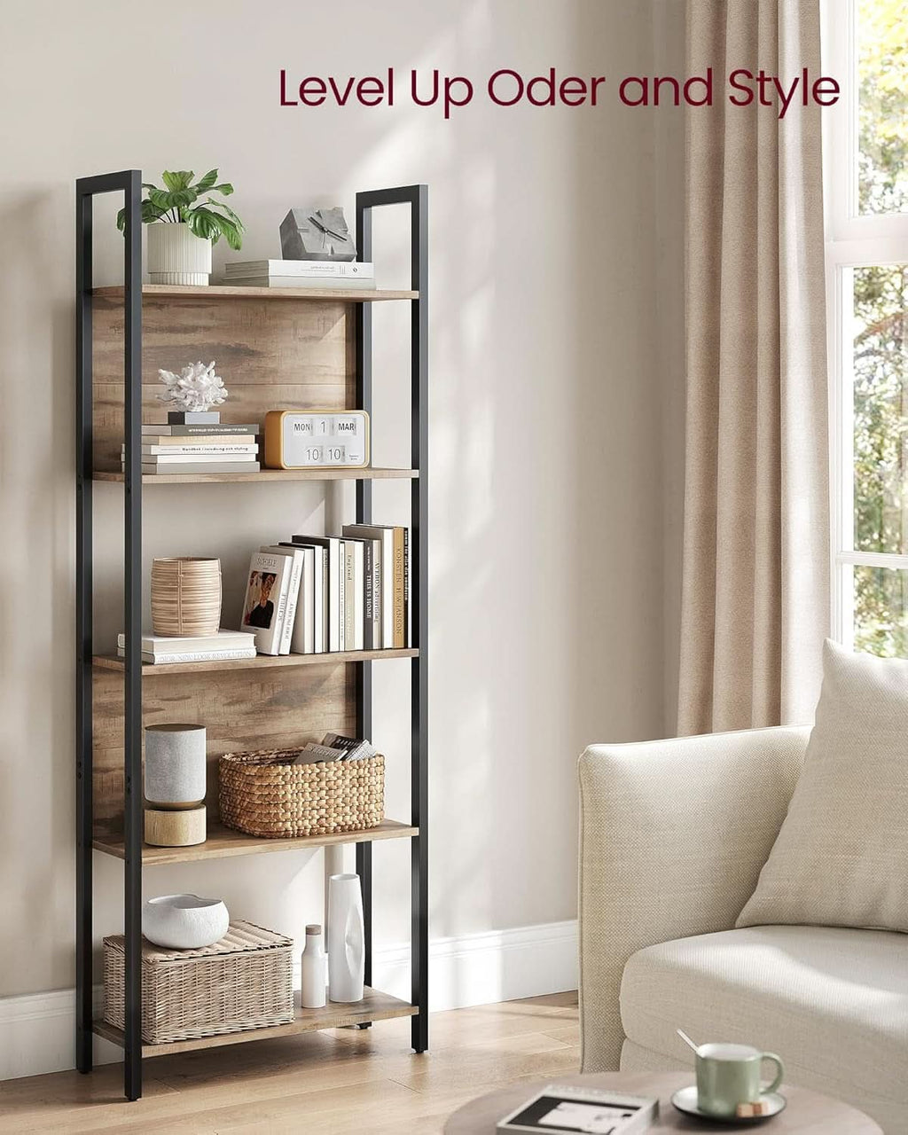 Five Tier Bookshelf With Steel Frame Camel Brown And Black