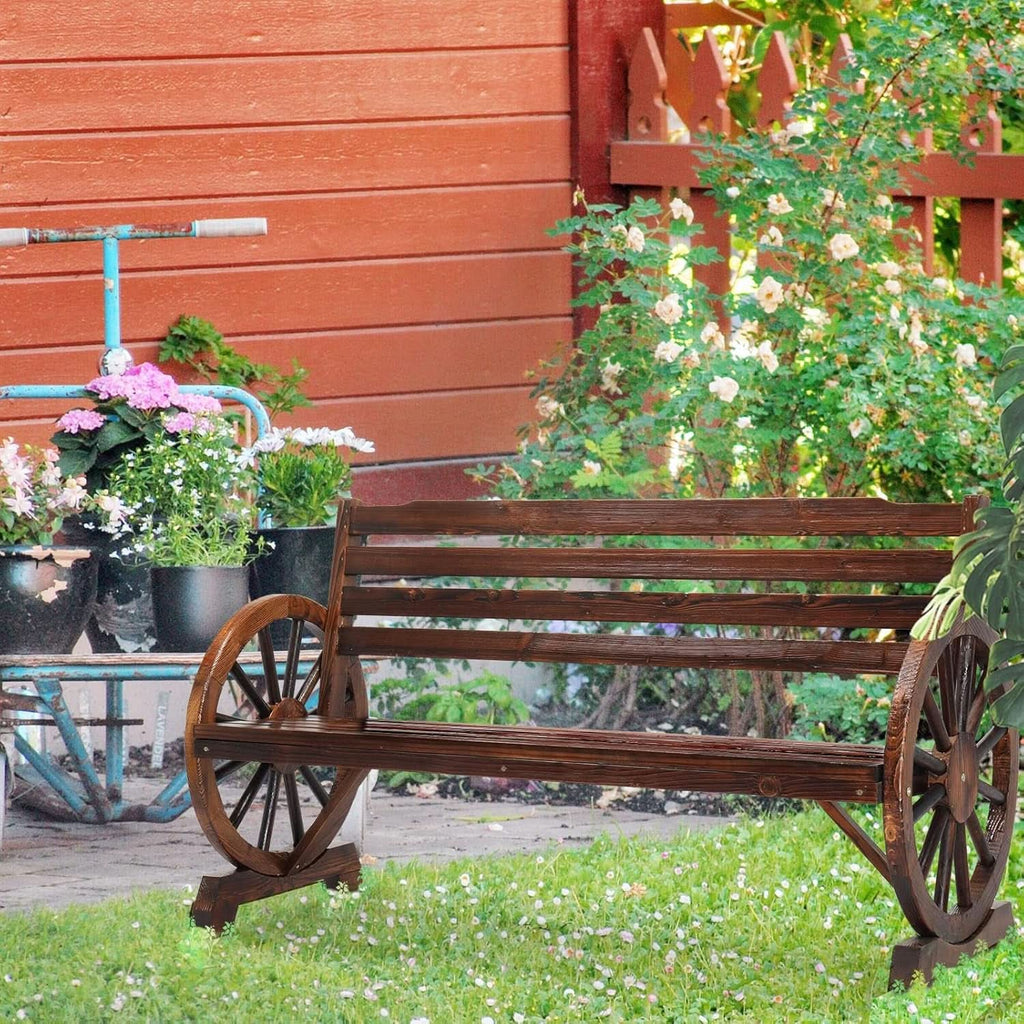 Rustic Wooden Garden Bench with Wagon Wheel Arms