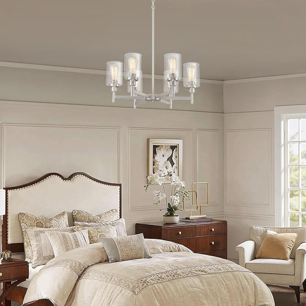 Brushed Nickel Six Light Chandelier With Clear Glass Shades