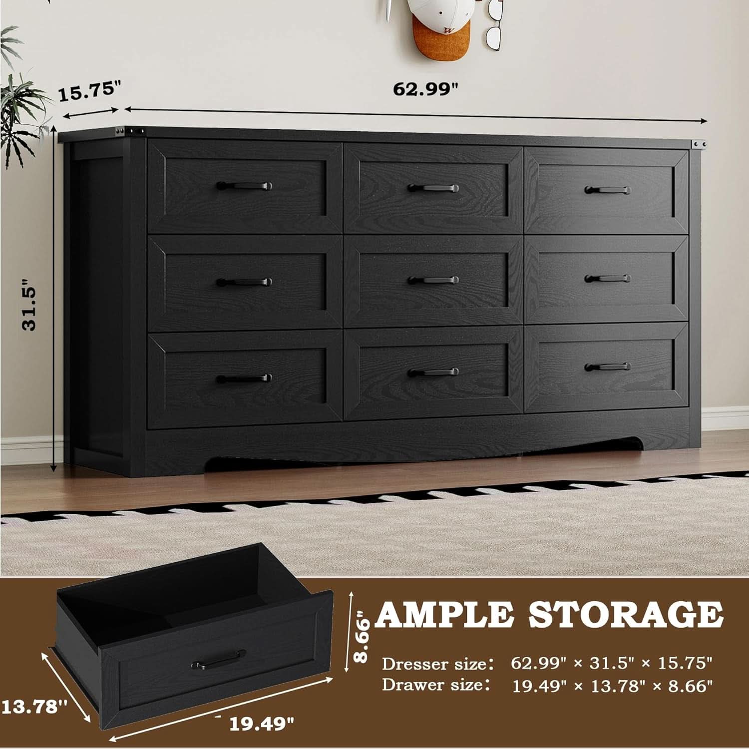 9 Drawer Dresser For Bedroom Modern Wooden Anti Tip
