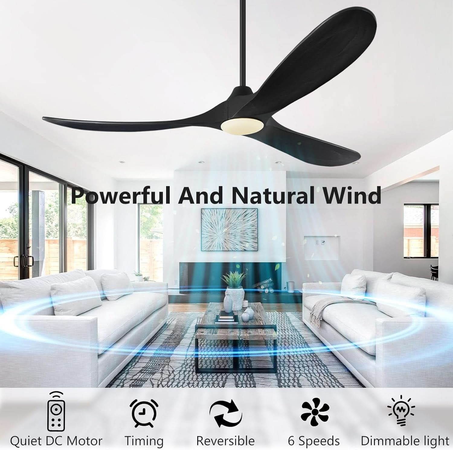 52Inch Matte Black Ceiling Fan Indoor Outdoor Low Noise