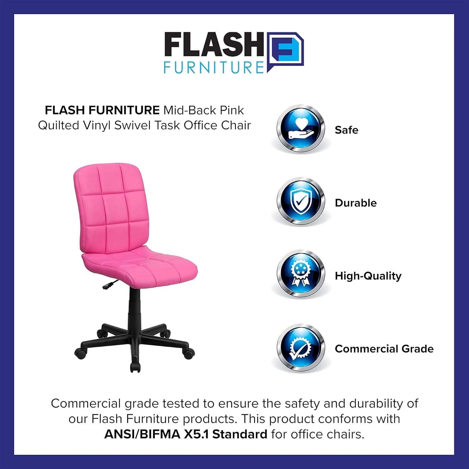 Clayton Pink Quilted Vinyl Mid-Back Swivel Office Chair