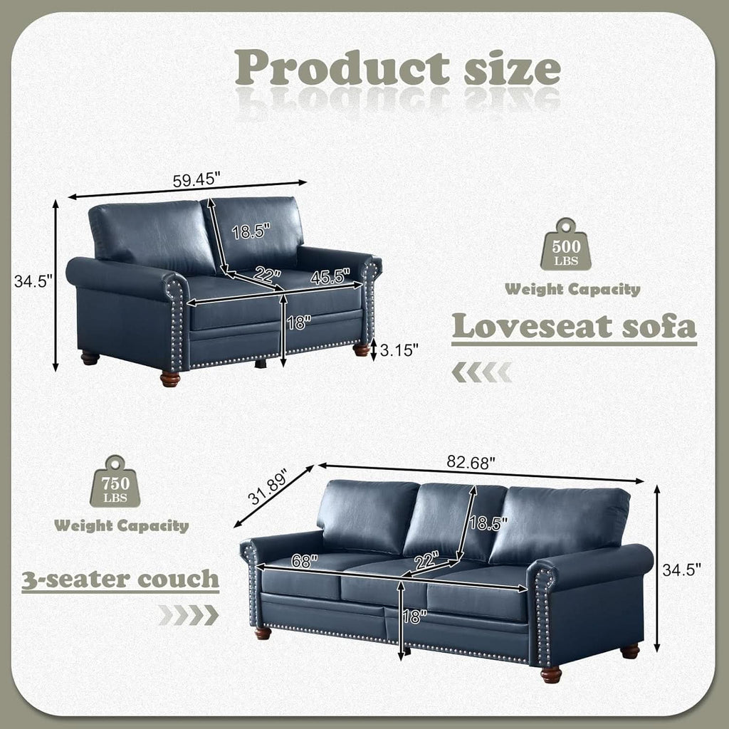 Two Piece Upholstered PU Leather Sofa Set Navy Blue With Storage Mid Century Modern Living Room