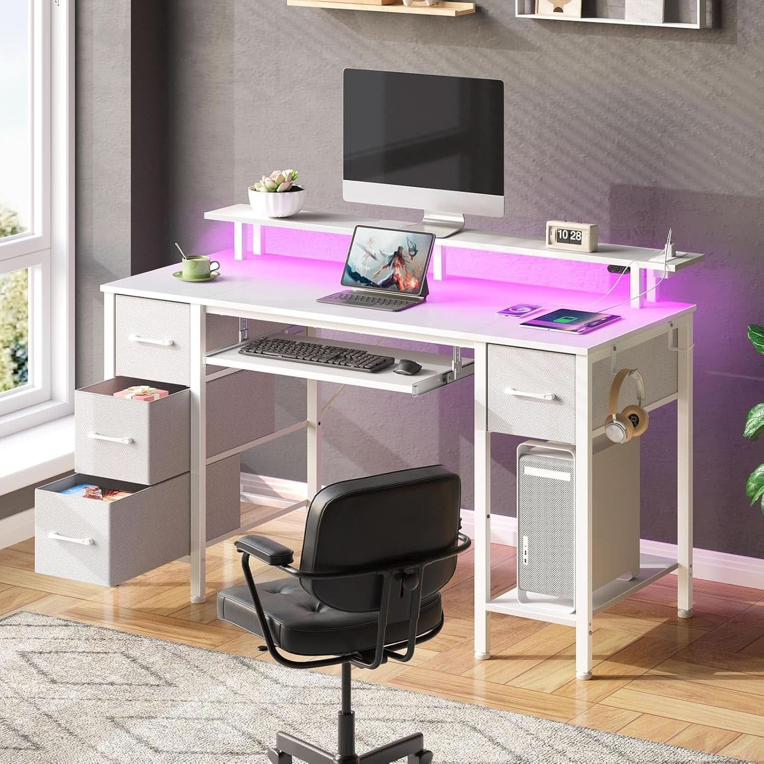 47.2 Inch White LED Desk With Power Outlets And Drawers