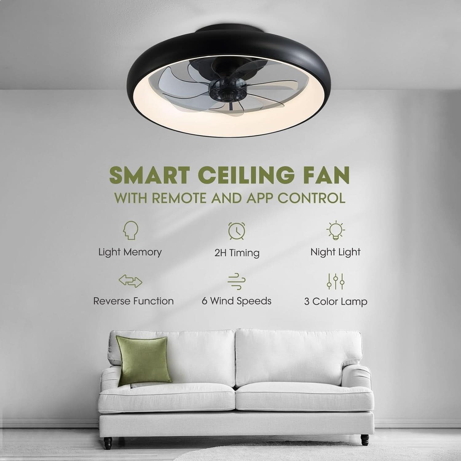 20 Inch Black Flush Mount Ceiling Fan With Dimmable Lights
