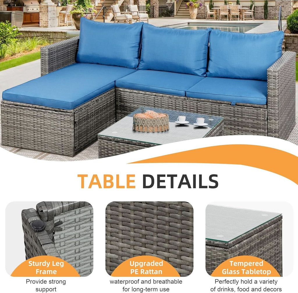 3-Piece Outdoor Wicker Sofa Set with Glass Table