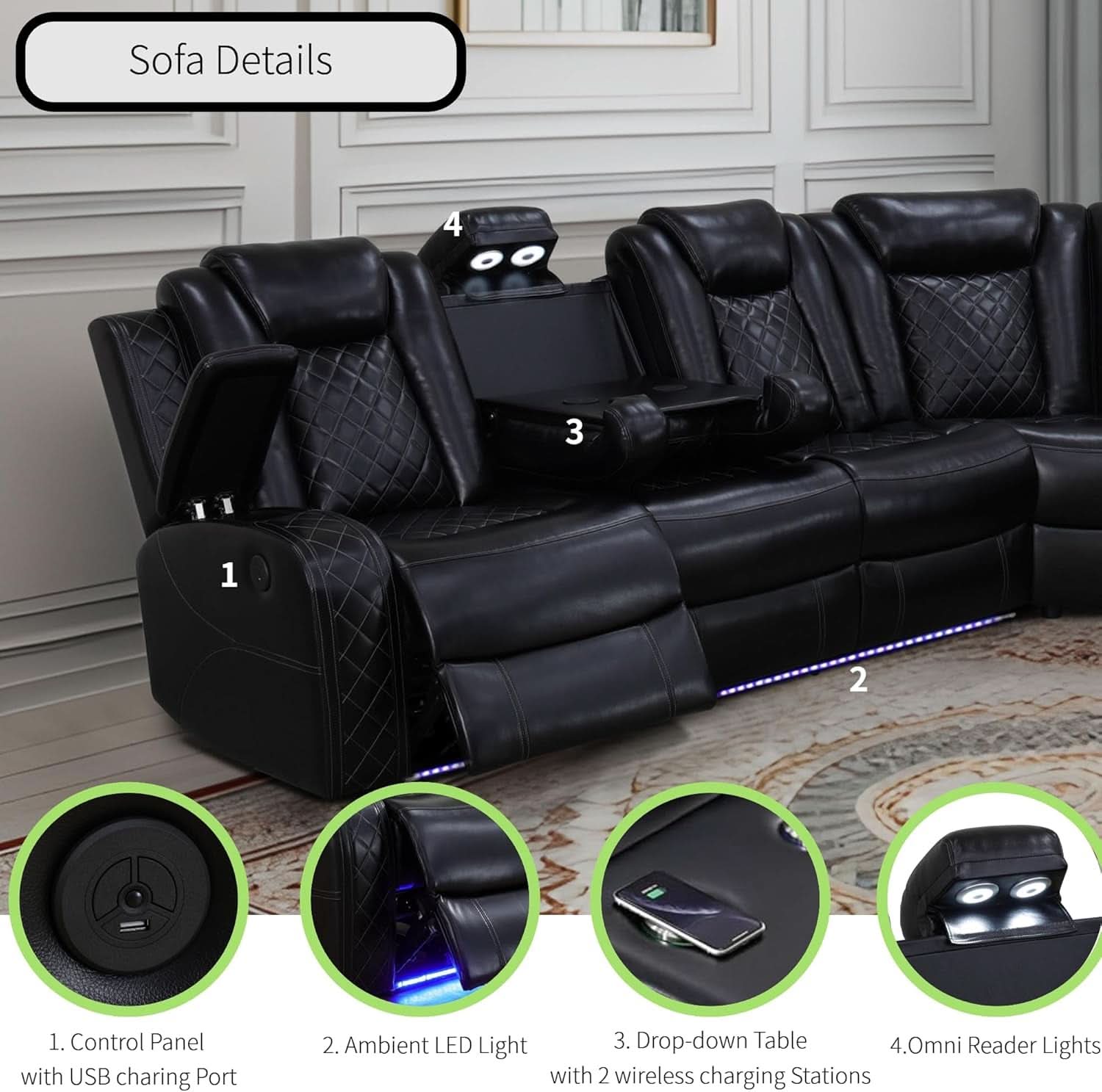 Power Recliner Sectional Sofa Black With LED Lights