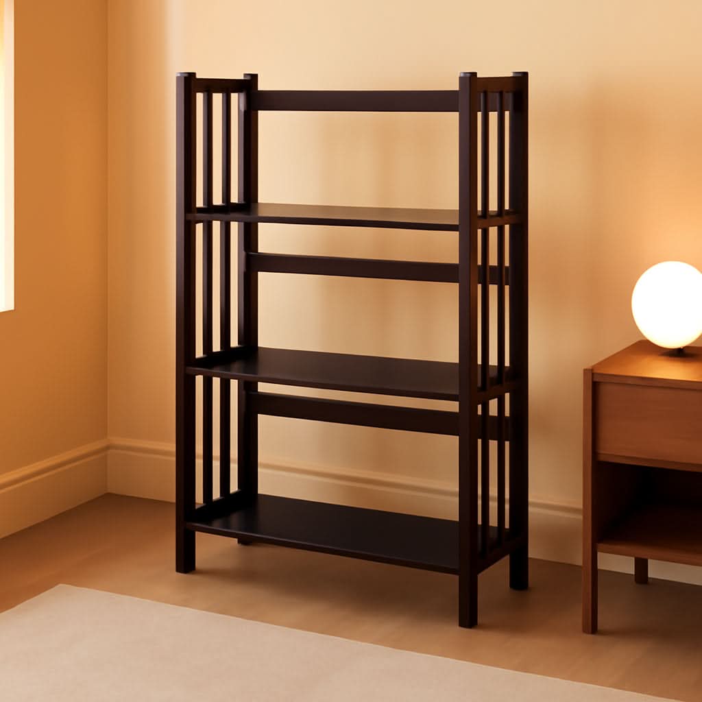Three Shelf Folding Stackable Bookcase 27.5 Inch Wide Espresso Wood Home Office Storage