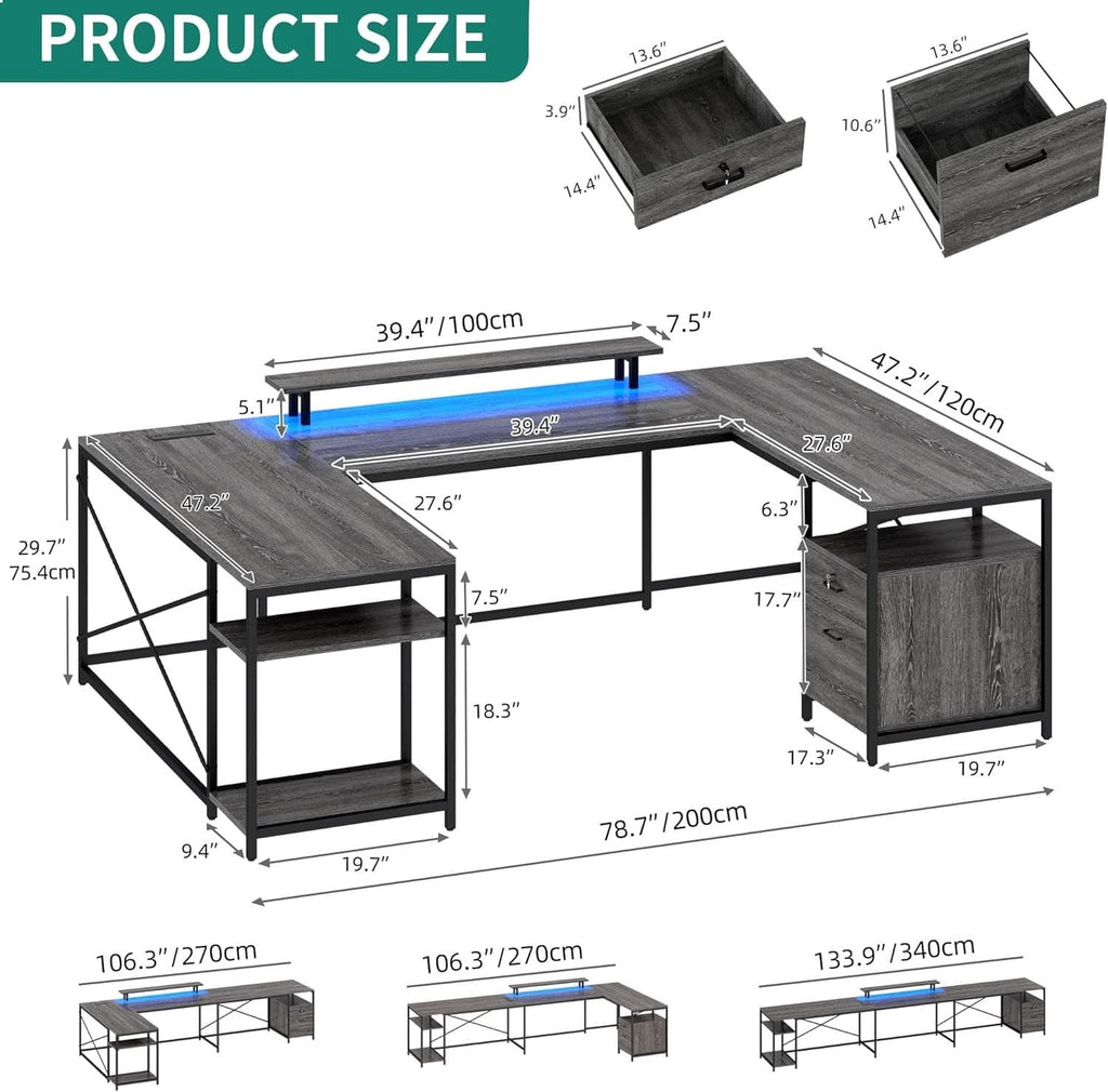 U Shaped Desk 79 Inch Power Outlets And Led Lights Grey
