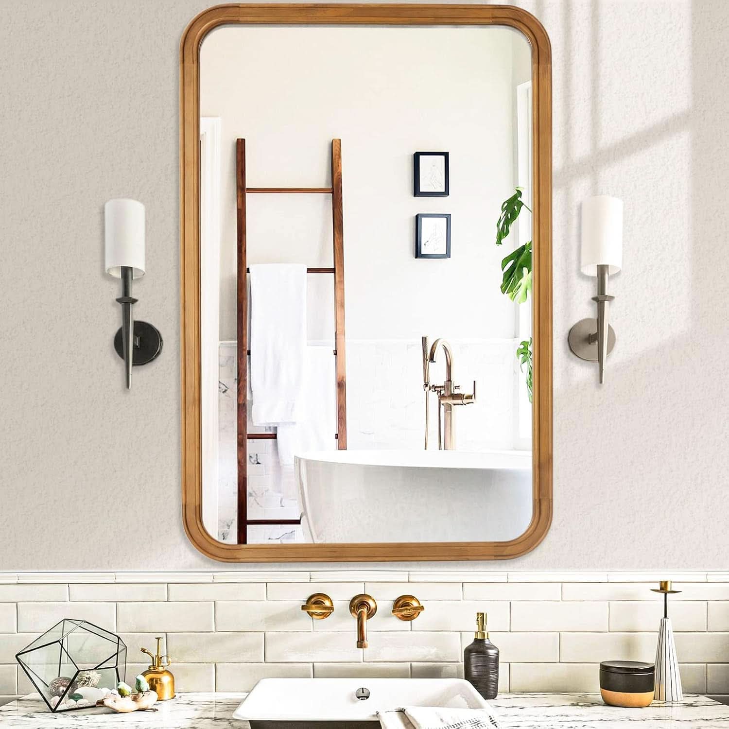Wood Framed Bathroom Mirror 24x36 Inch Wall Mounted