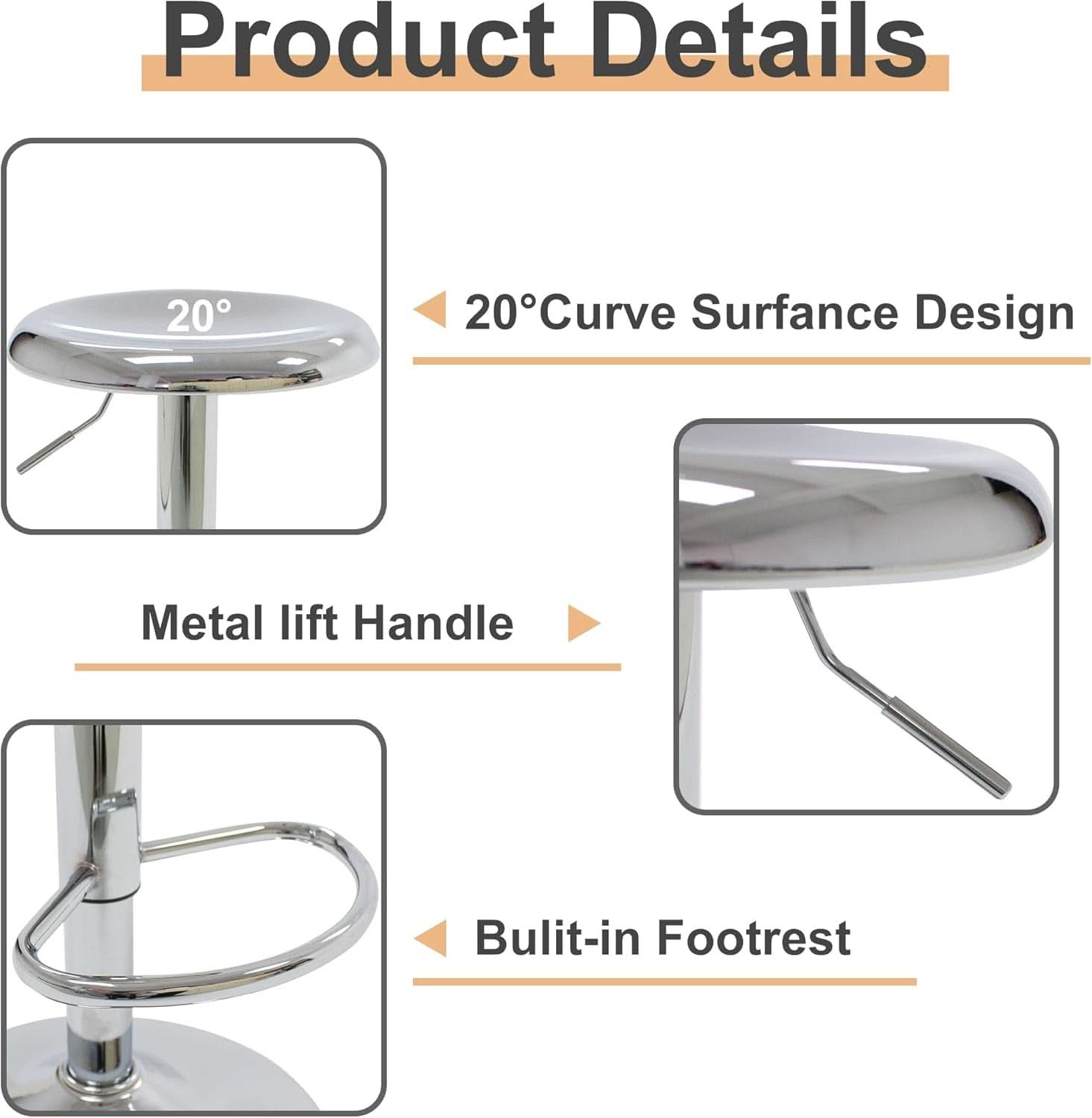 Set Of 2 Adjustable Chrome Bar Stools With 360 Degree Swivel