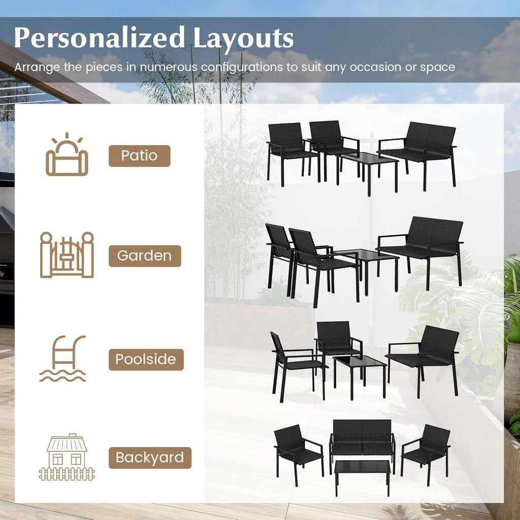 4 Piece Wicker Patio Conversation Set Black Coffee Table