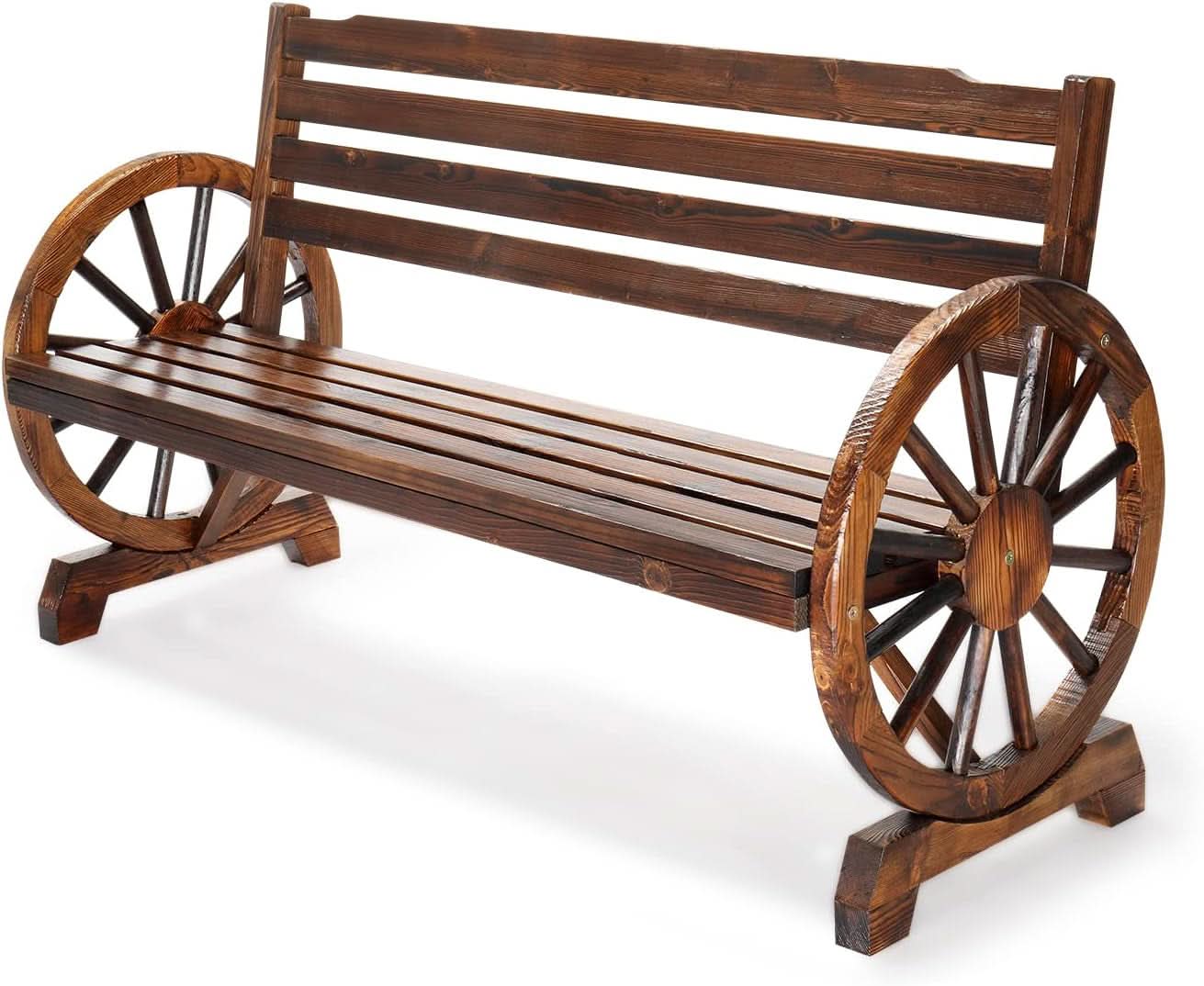Rustic Wooden Garden Bench with Wagon Wheel Arms