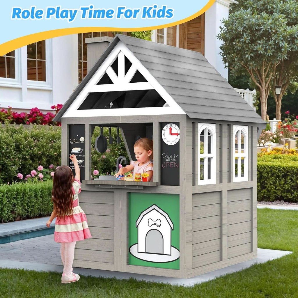 Gray Cedar Outdoor Playhouse With Realistic Kitchen