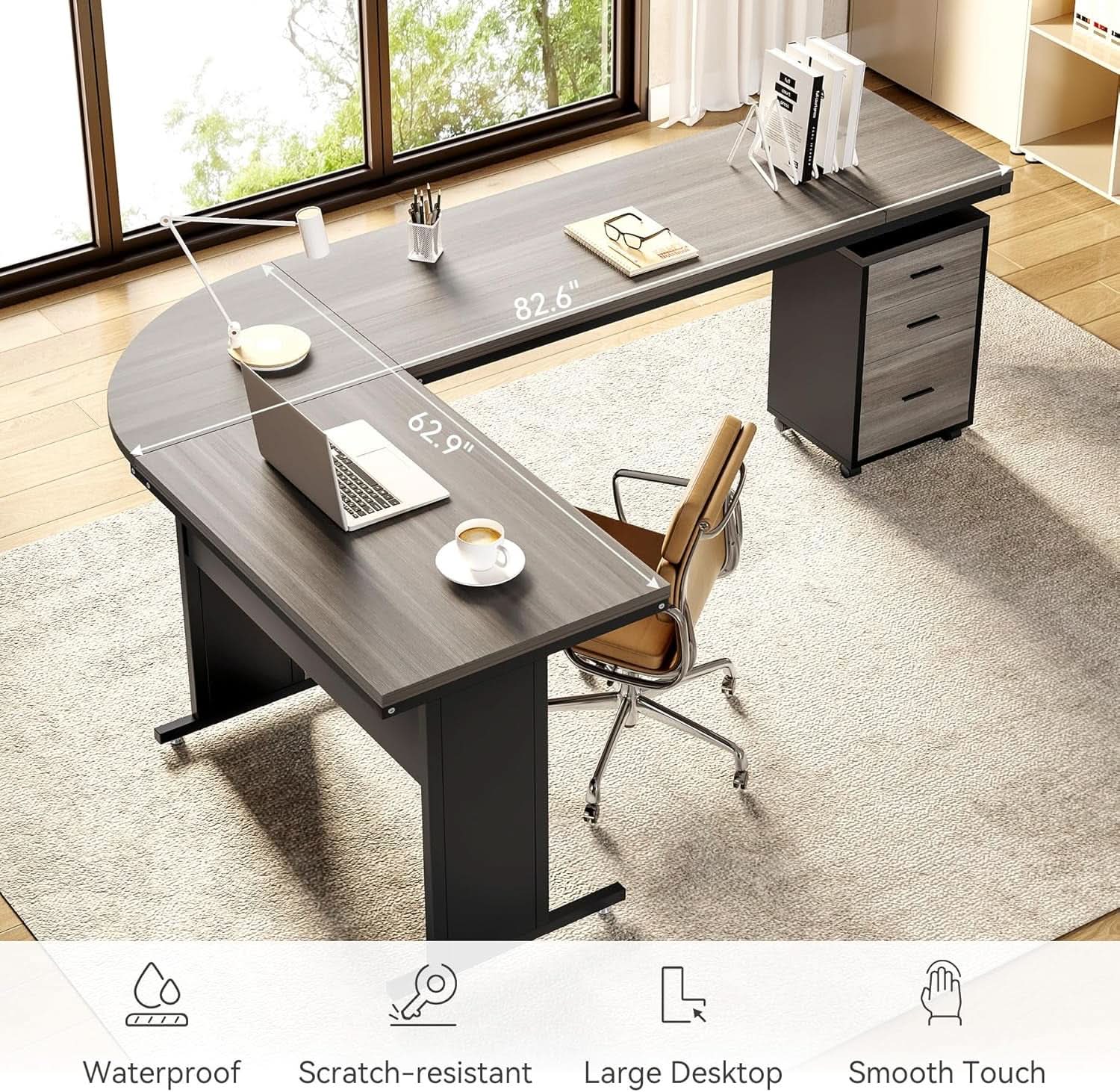 83in Gray Farmhouse L Shaped Desk With Mobile File Cabinet