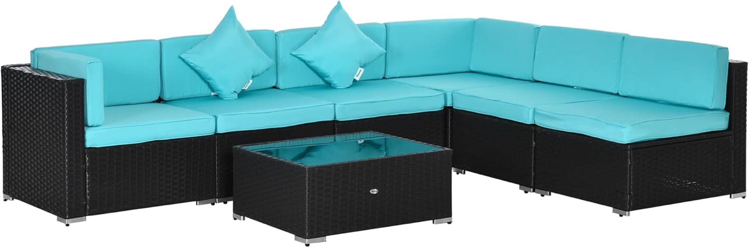 Turquoise Seven-Piece Outdoor Wicker Sectional Sofa Set