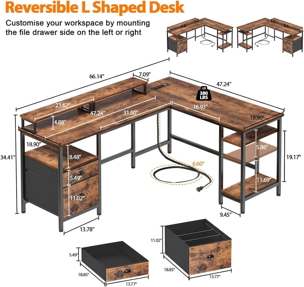 66 Inch Rustic Brown L Shaped Desk With Power Outlet