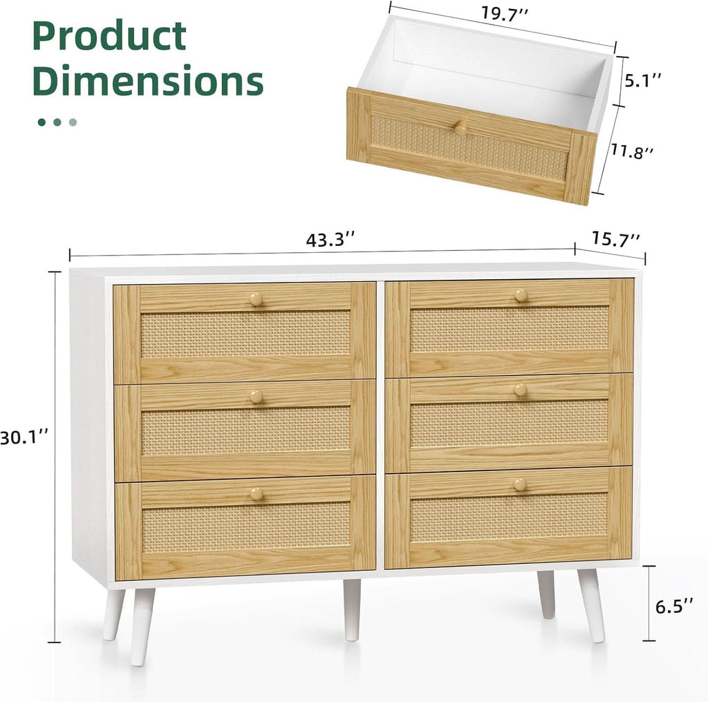 Six Drawer White Dresser For Bedroom And Hallway Storage