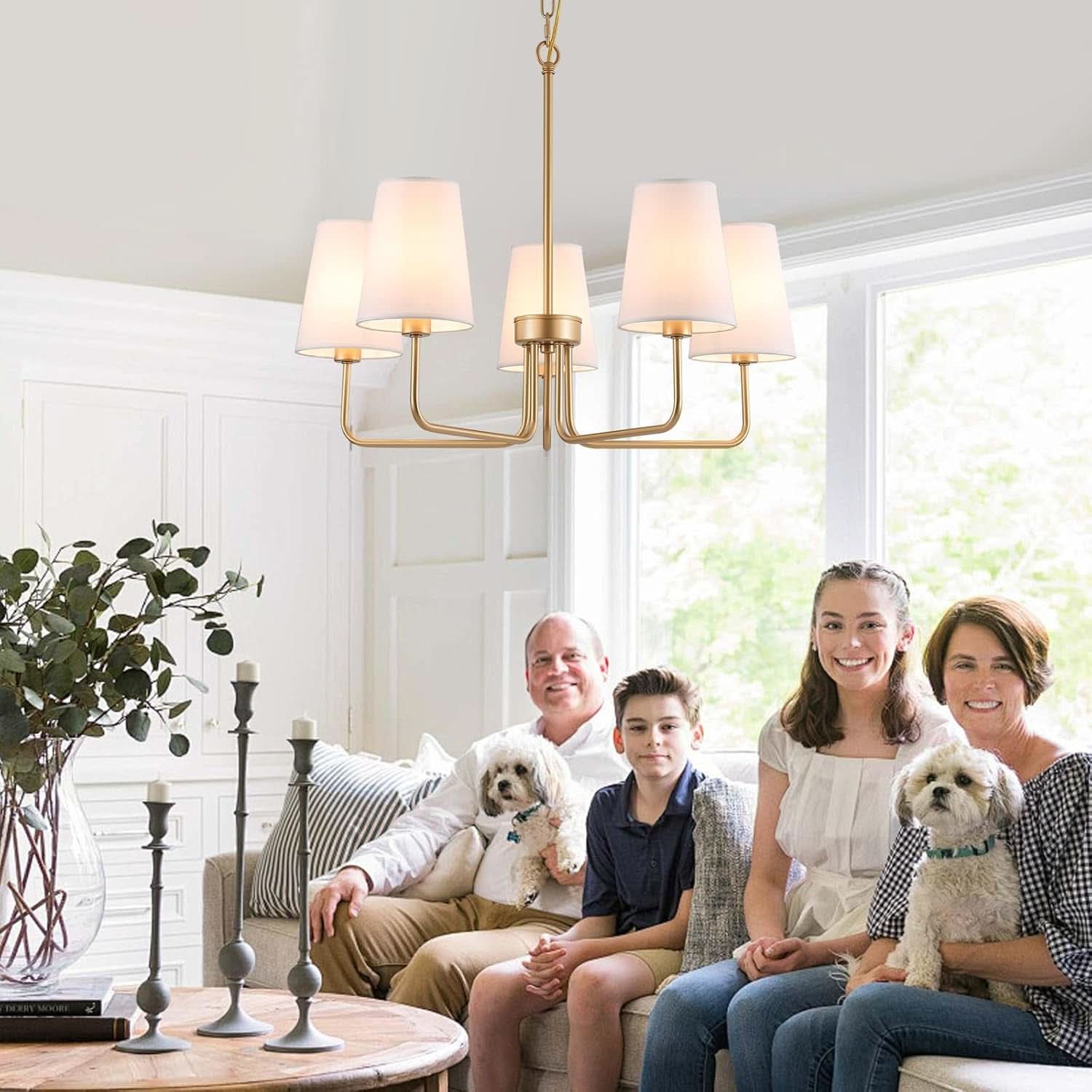 Five Light Gilded Farmhouse Chandelier With White Shades