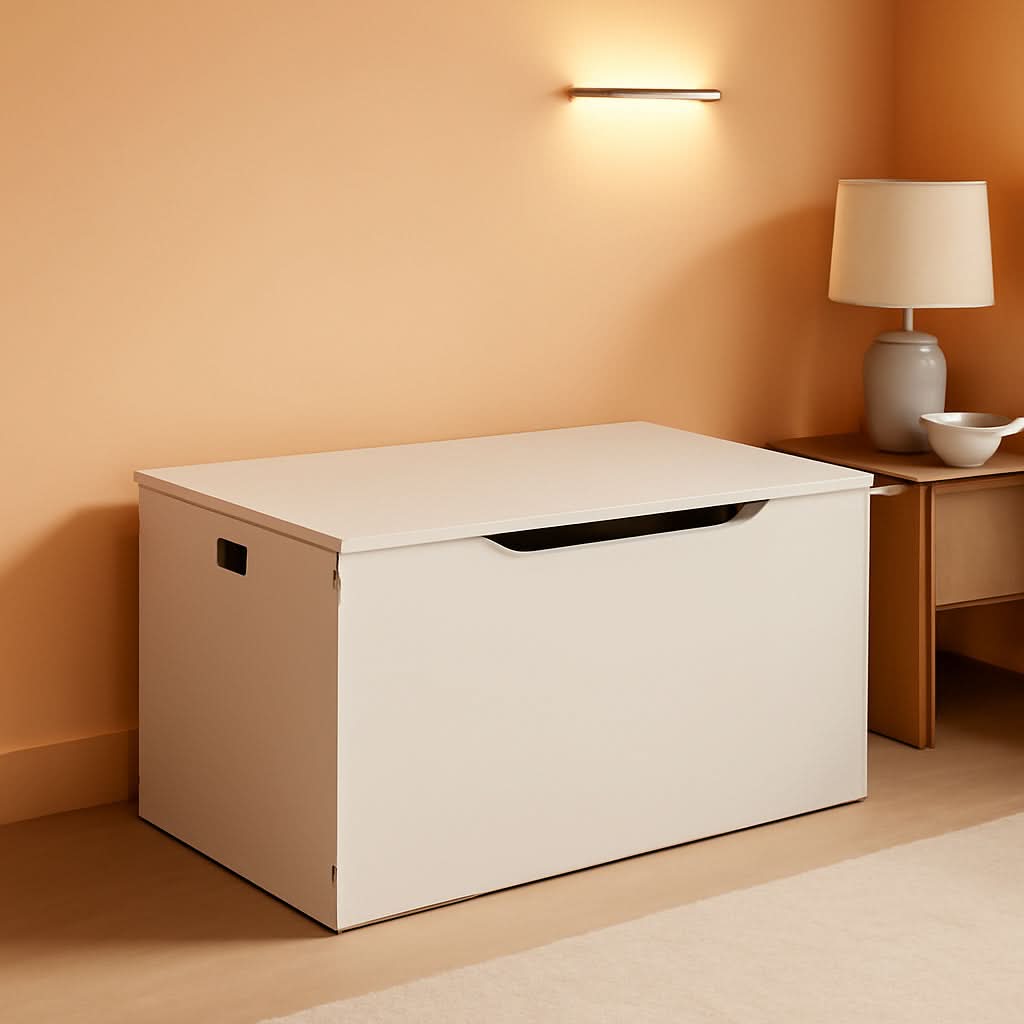 White Toy Storage Chest Bench FourCubicFeet FlipTopLid