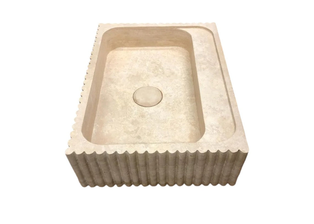 Beige Travertine Rectangular Wall-mount Bathroom Sink Fluted (W)20" (L)24" (H)6"