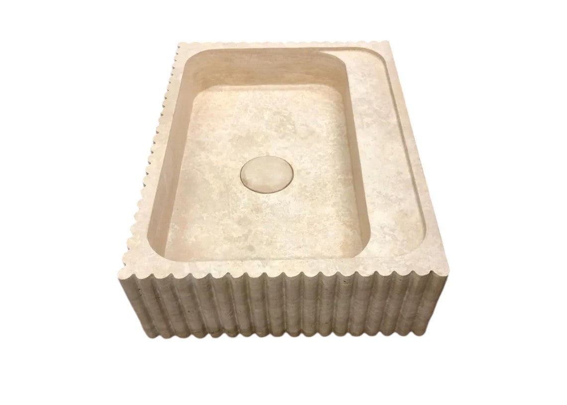 Beige Travertine Rectangular Wall-mount Bathroom Sink Fluted (W)20" (L)24" (H)6"