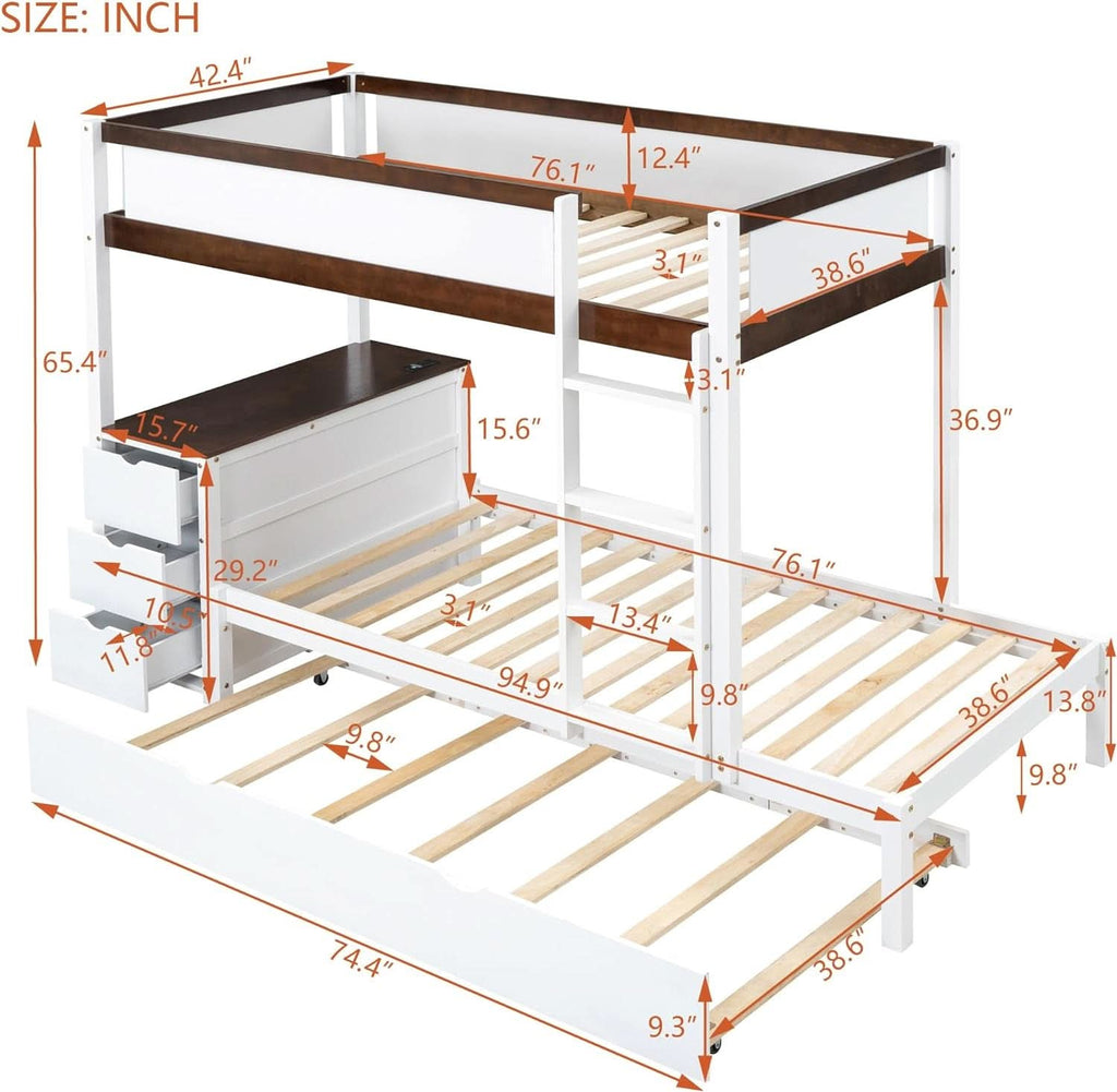 Twin Over Twin Bunk Bed With Desk USB Ports White Walnut