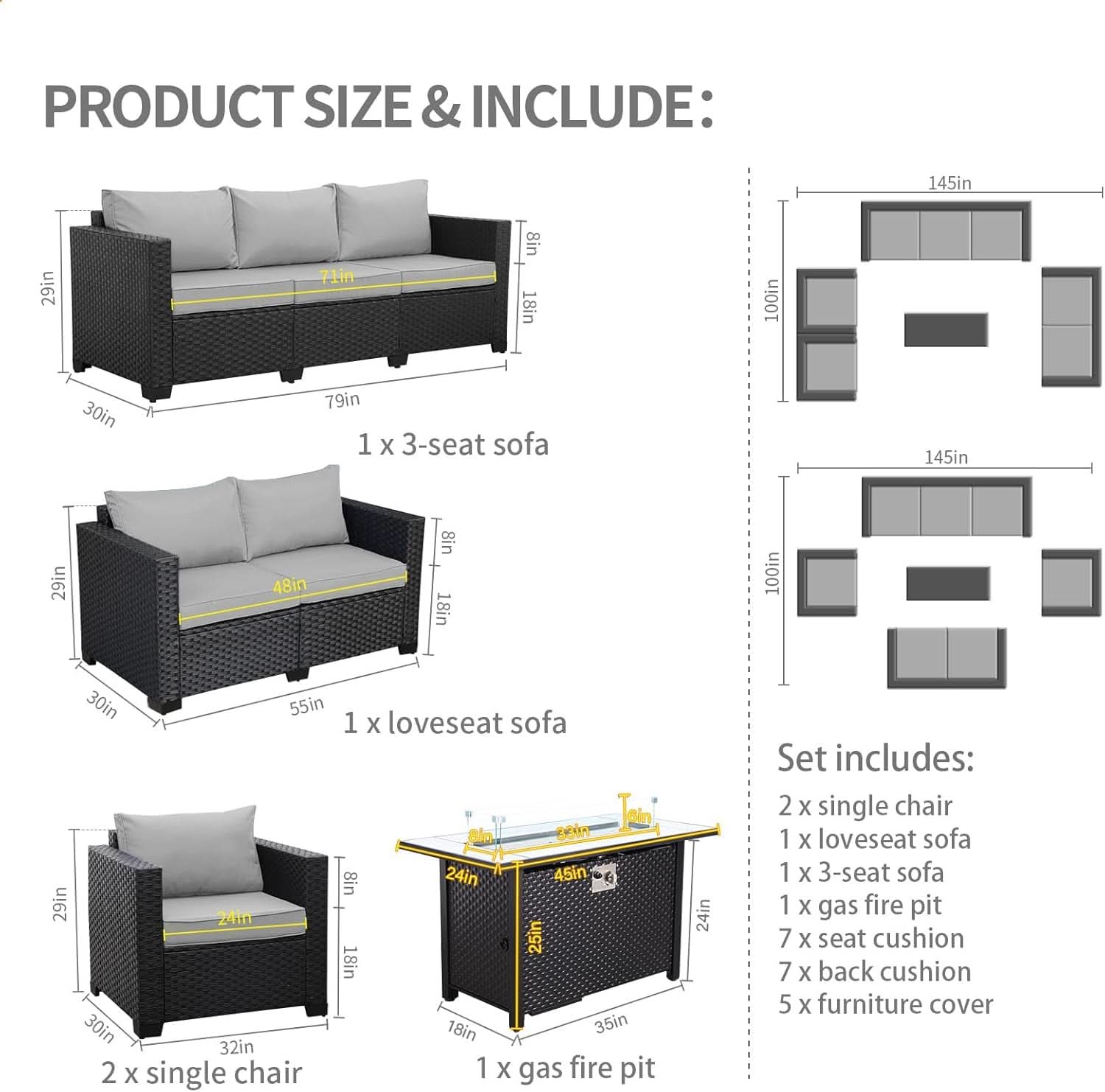 5-Piece Outdoor Patio Furniture Set With 60000 BTU Fire Pit Light Grey