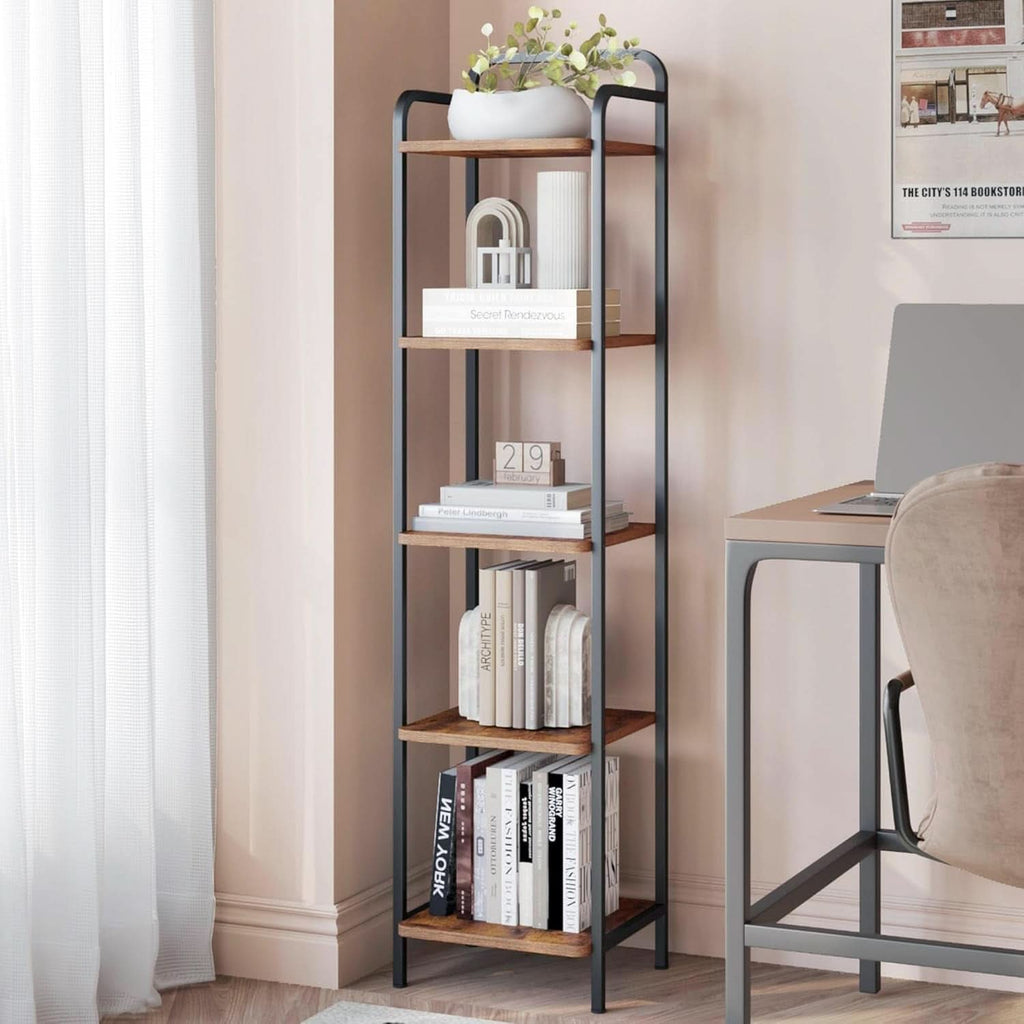 5-Tier Industrial Corner Shelf Narrow Rustic Black Bookcase