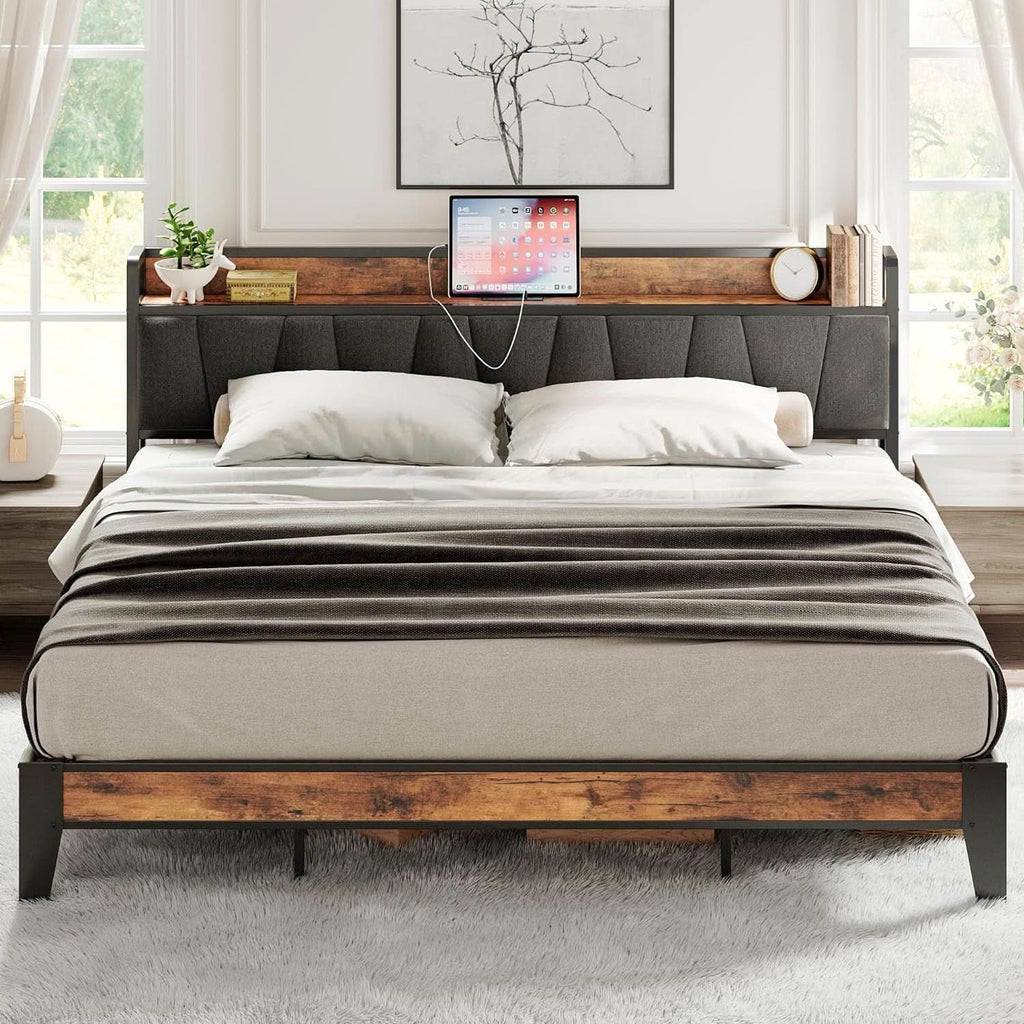 King Size Bed Frame With Storage Headboard And USB Charging Ports