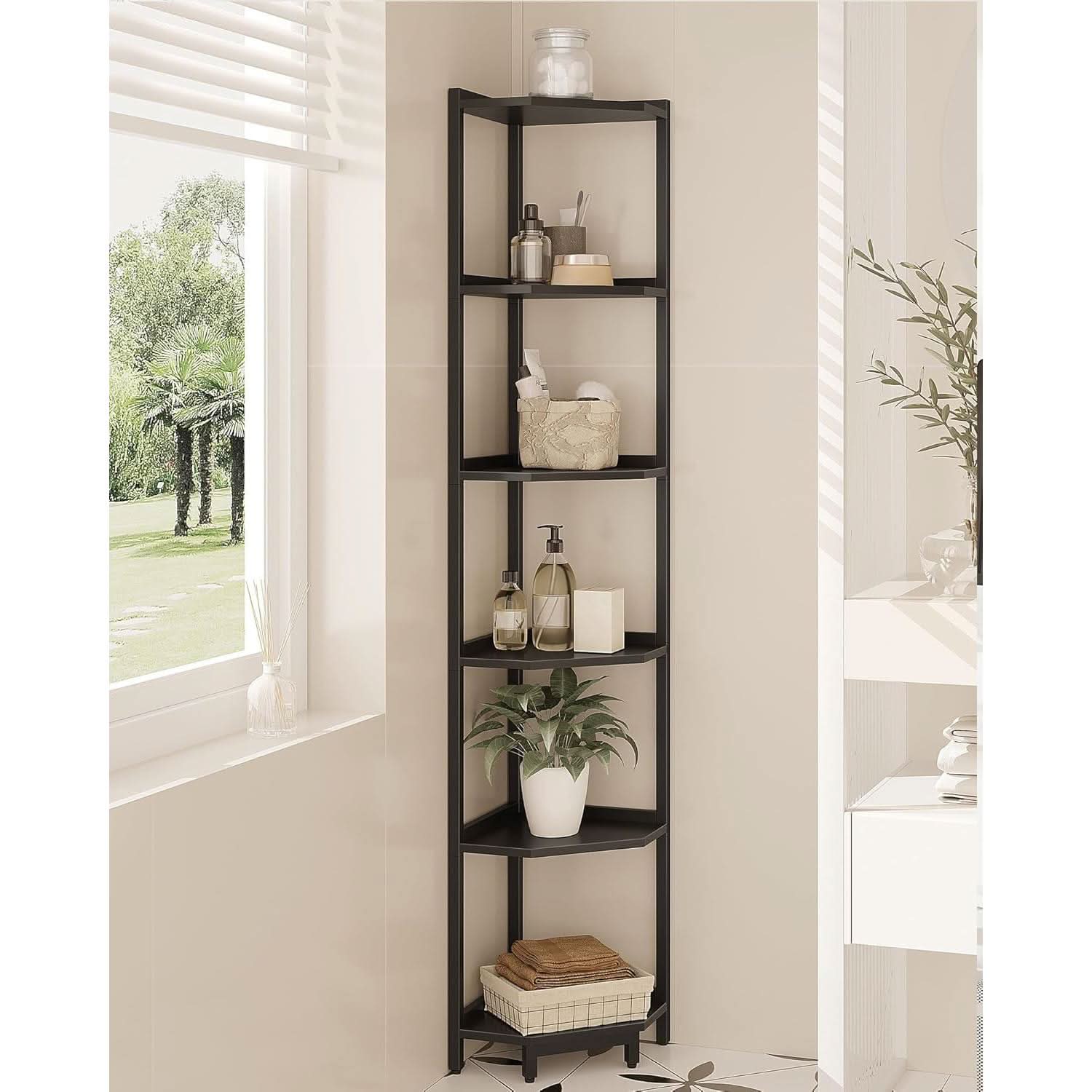 6 Tier Black Corner Shelf Stand Bookshelf For Living Room