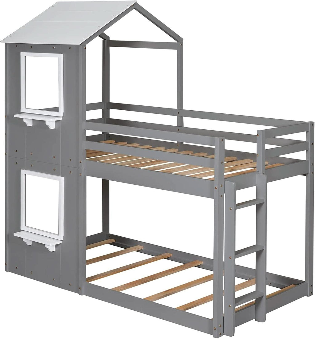 Twin Over Twin House Bunk Bed With Roof And Ladders Grey