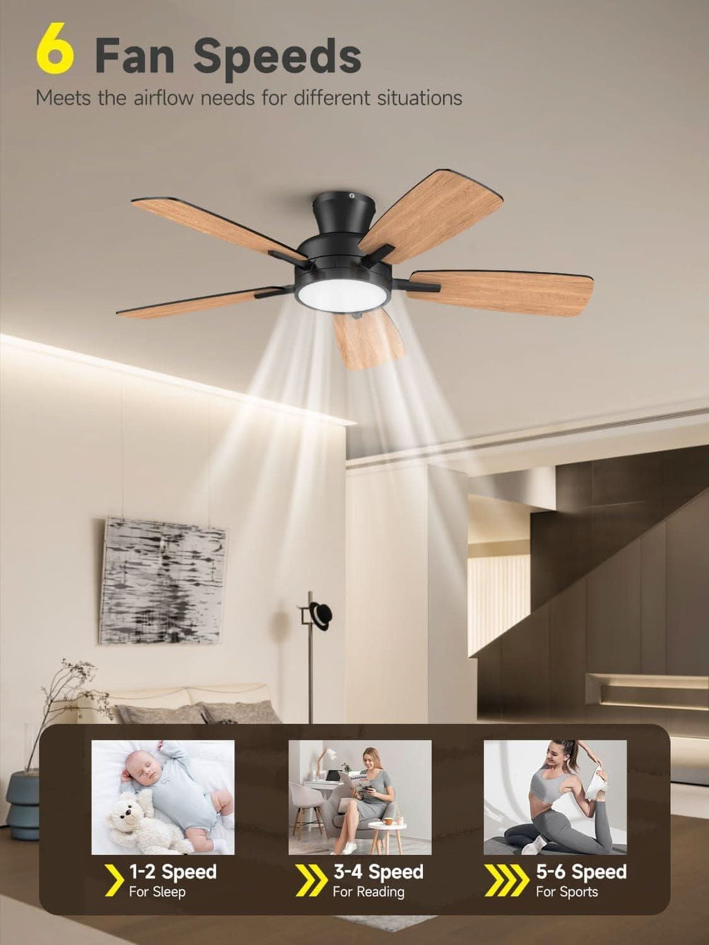 46 Inch Black Ceiling Fan With Remote Dimmable Light 3CCT