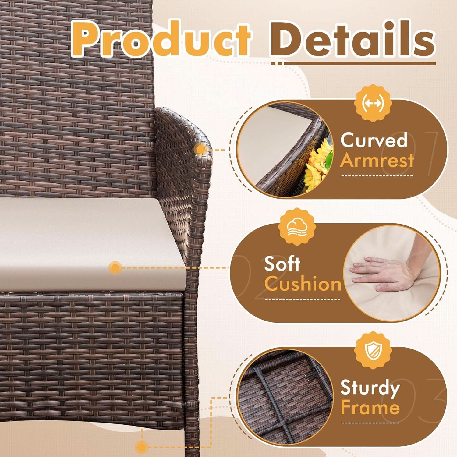 Patio Set 3 Piece All Weather Rattan Glass Table Brown