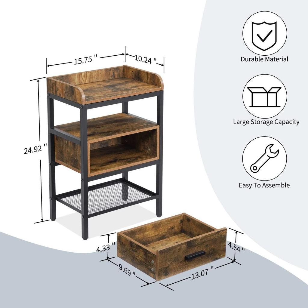 Industrial Three Tier Nightstand Set With Wood Grain Finish