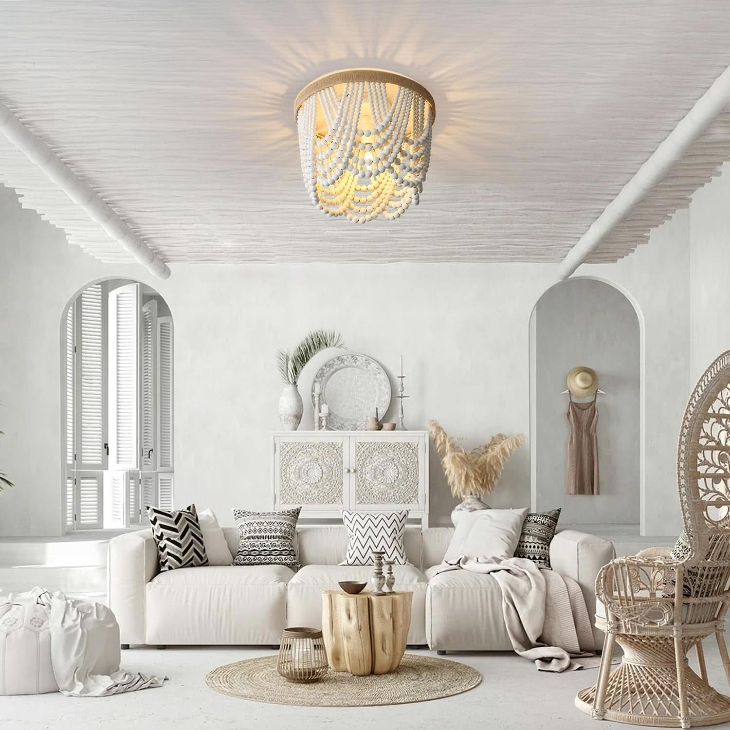 Three Light White Wood Bead Bohemian Chandelier Handmade