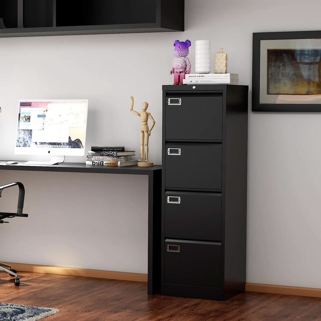 Lockable 4 Drawer Vertical File Cabinet Black Metal For Home Office