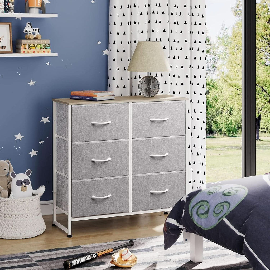 Light Grey Fabric Dresser With 6 Drawers And Fabric Bins